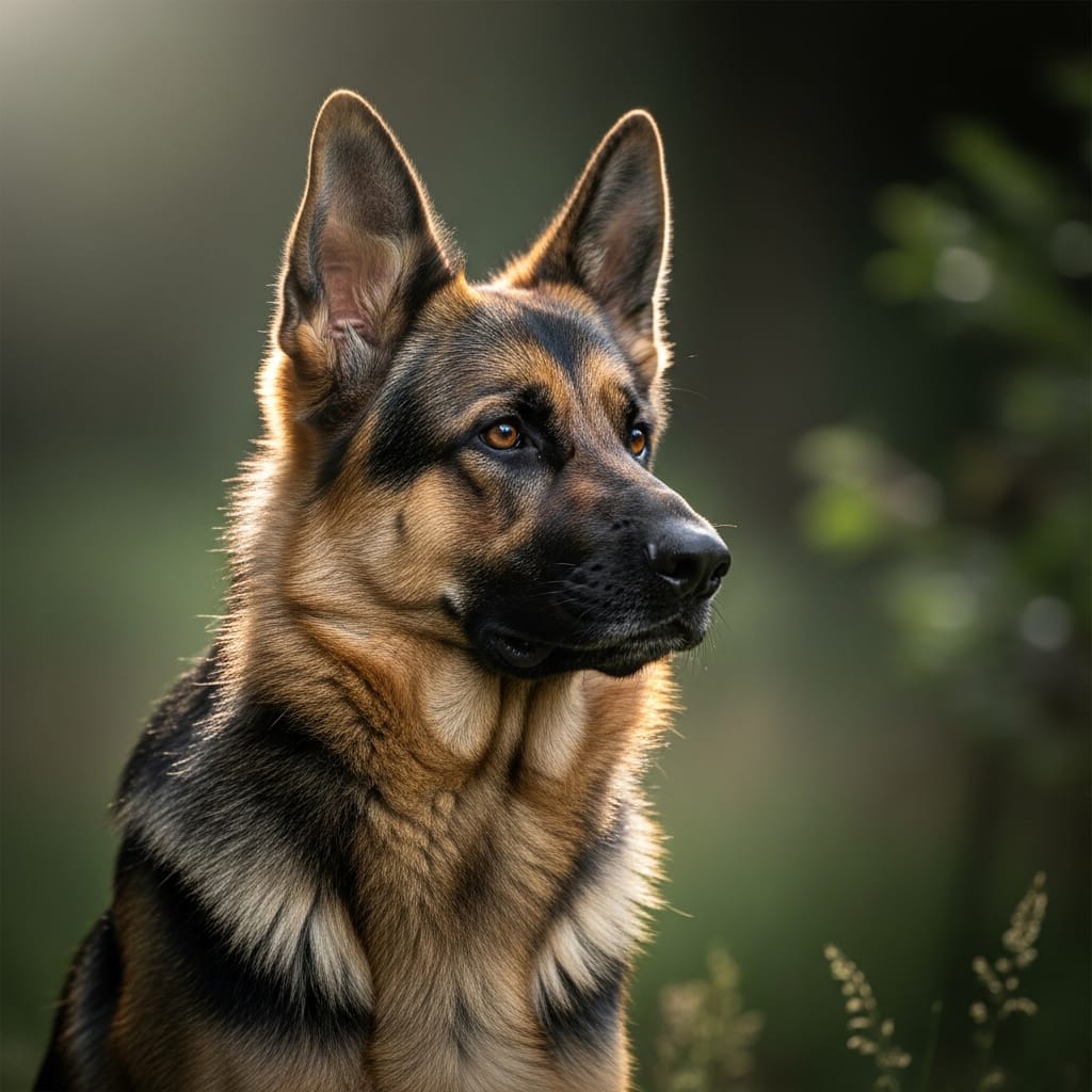 German Shepherd in working posture, representing balance between strength, intelligence, and emotional stability