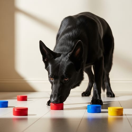 working dog engaged in a free shaping clicker training session showing concentration and balance.