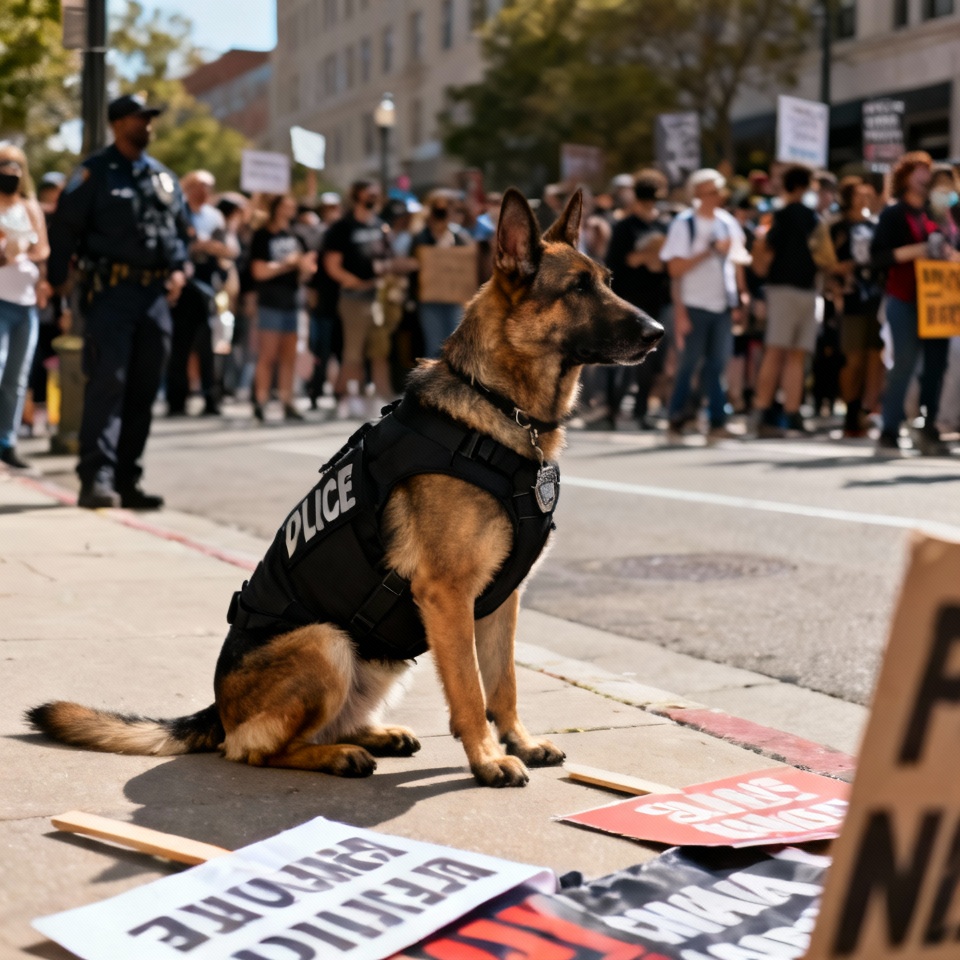 Dog Habituation: working dog staying calm during urban noise exposure training.