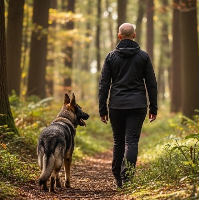 hierarchical bond in dogs, working dog focused on handler, representing leadership and trust.
