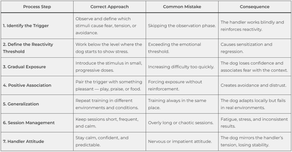 Desensitization in dogs unified table showing practical steps, common mistakes, and their consequences in the training process.