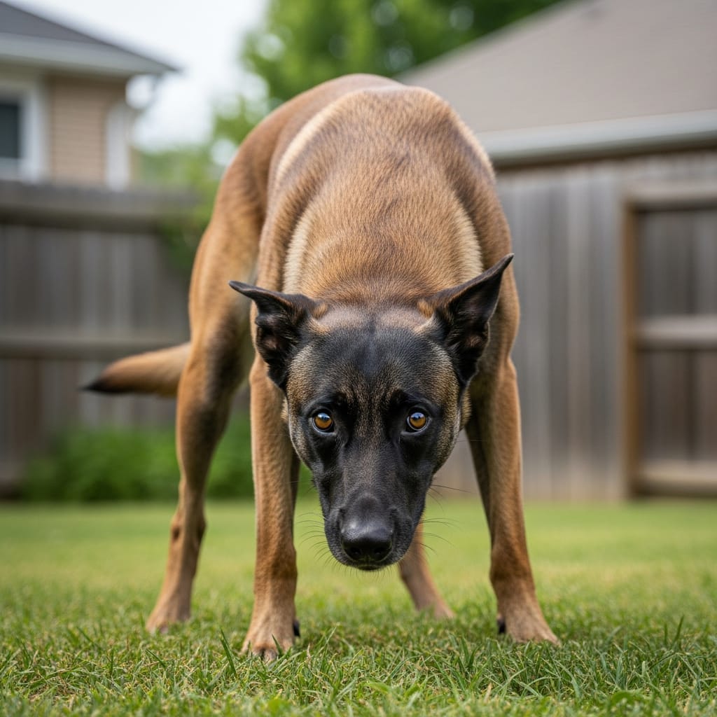 Working Malinois tense, staring with rigid posture in an urban environment during behavioral rehabilitation process